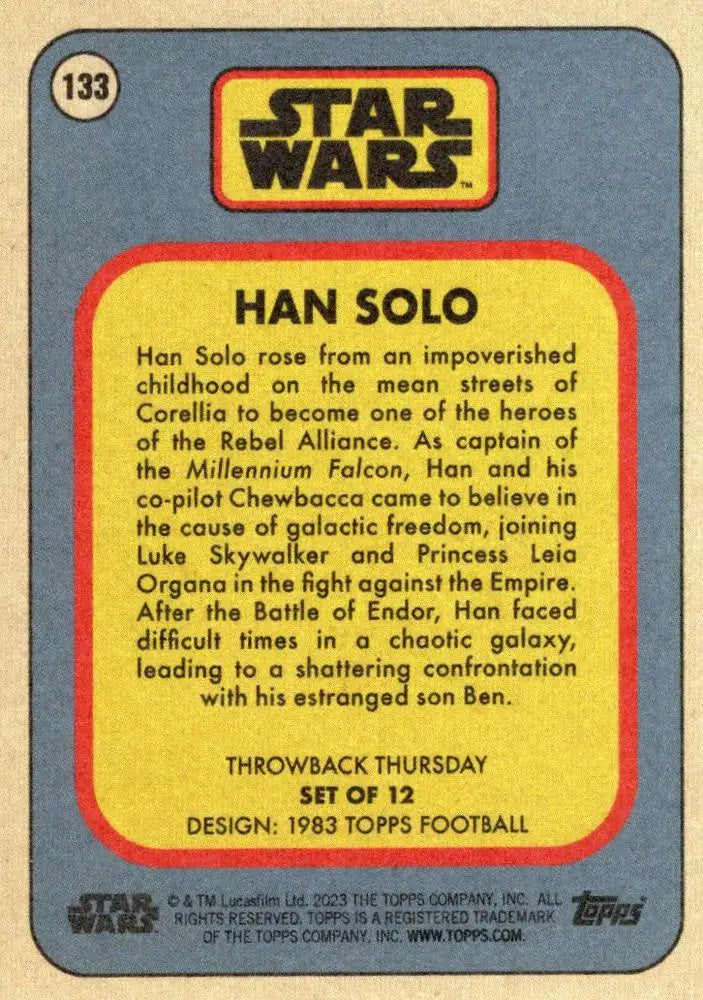 Vintage Star Wars trading card featuring Han Solo from 1983 Topps Football collection