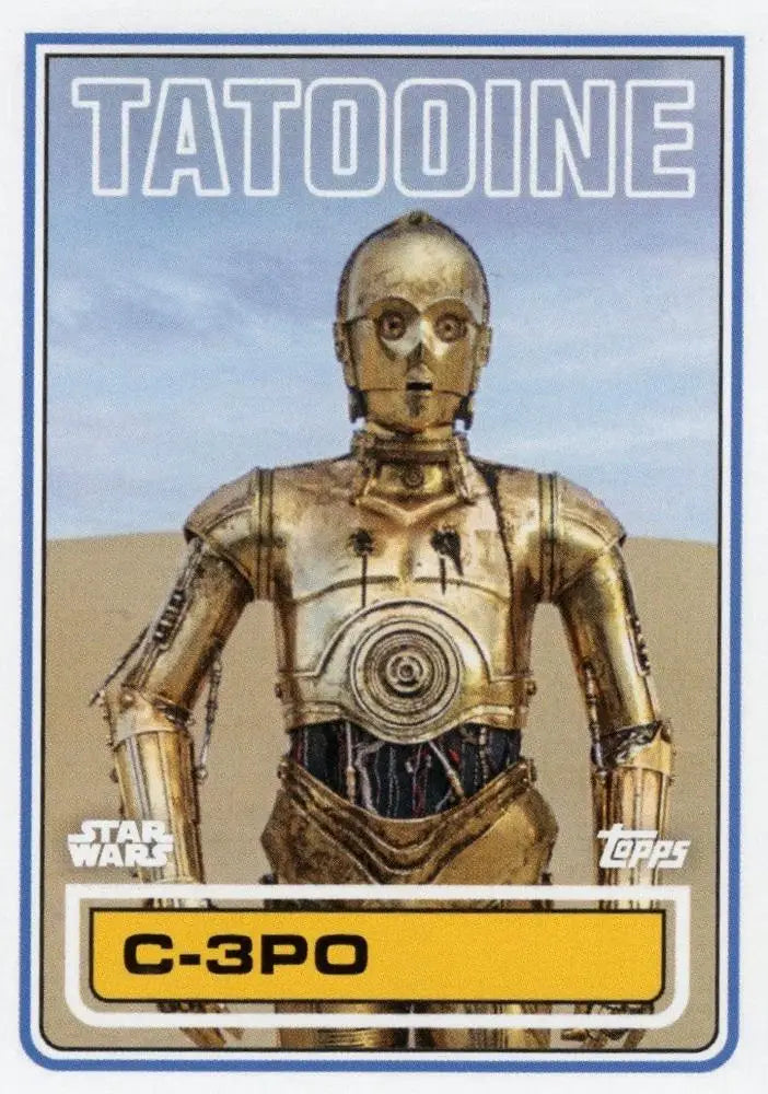 Golden humanoid robot with glowing eyes from Star Wars Topps Football trading cards