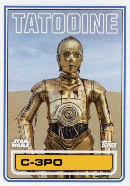 Golden humanoid robot with glowing eyes from Star Wars Topps Football trading cards