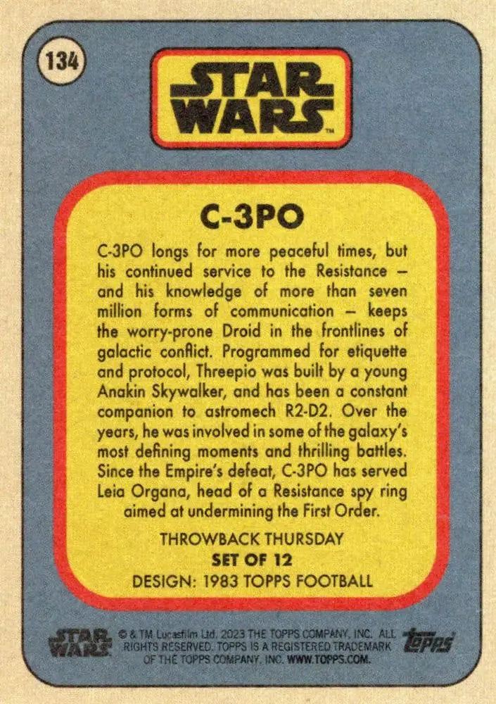 Trading card of C-3PO from Star Wars in Topps Football Throwback Thursday 2023 collection