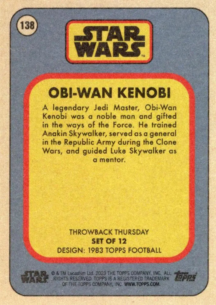 Trading card featuring Obi-Wan Kenobi from Star Wars Topps Football 1983 collection