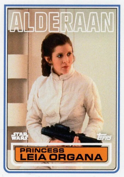 Star Wars trading card of Princess Leia Organa in white outfit from Topps Football 1983