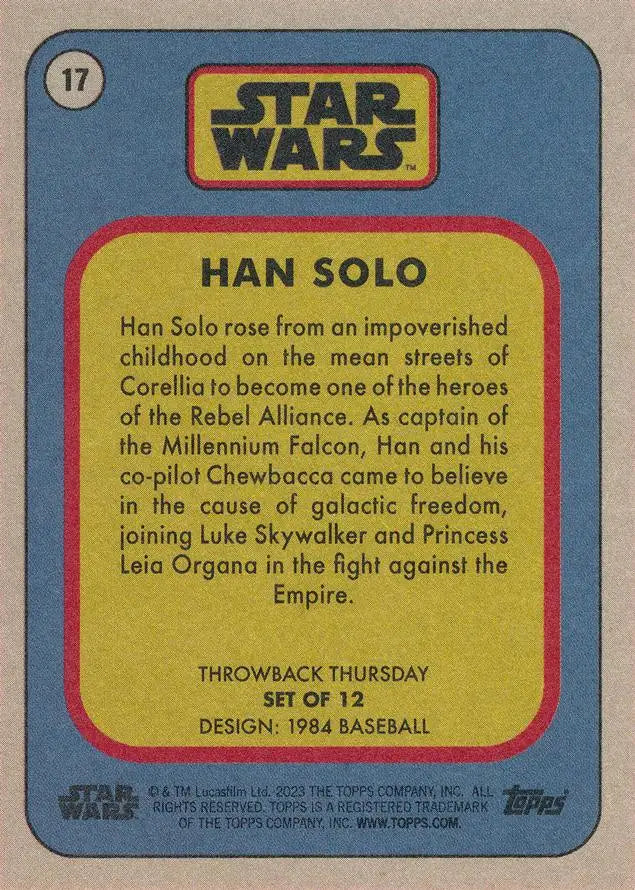 Vintage Star Wars trading card featuring Han Solo character description from 1984 baseball cards