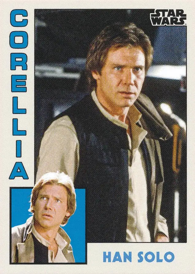 Star Wars trading card of Han Solo in white shirt and dark vest from 1984 baseball cards