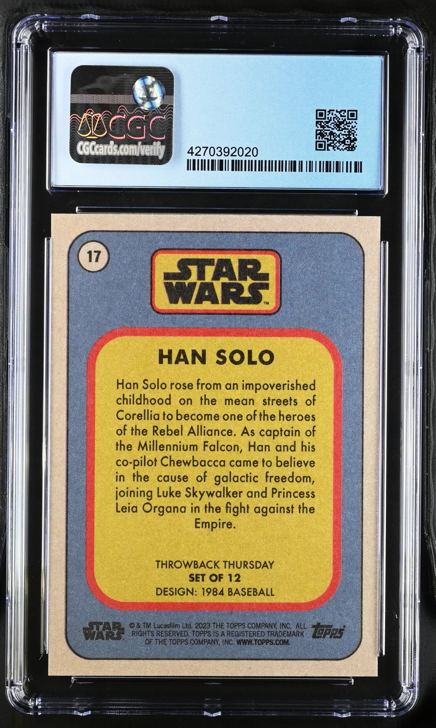 Trading card showcasing Han Solo from Star Wars, a short print in protective holder