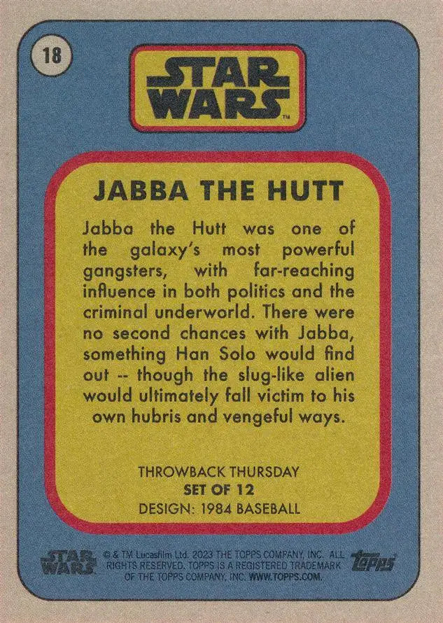 Star Wars trading card featuring Jabba the Hutt from the 1984 baseball collection