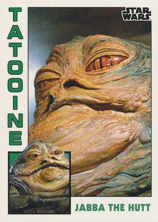 Grotesque alien creature on Star Wars trading card featuring Jabba the Hutt from 1984