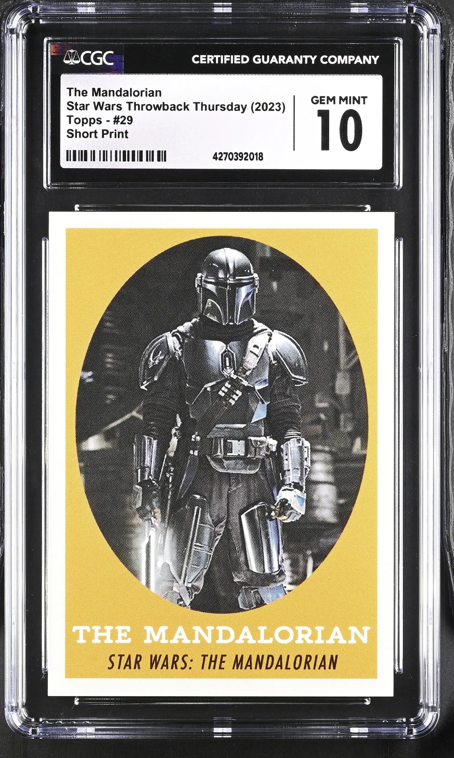 Graded Star Wars trading card of The Mandalorian in protective case, CGC 10 Gem Mint