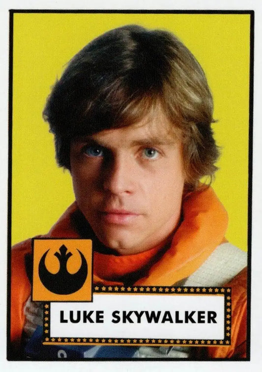 Portrait of Luke Skywalker in orange flight suit on Star Wars Trading Card 2023