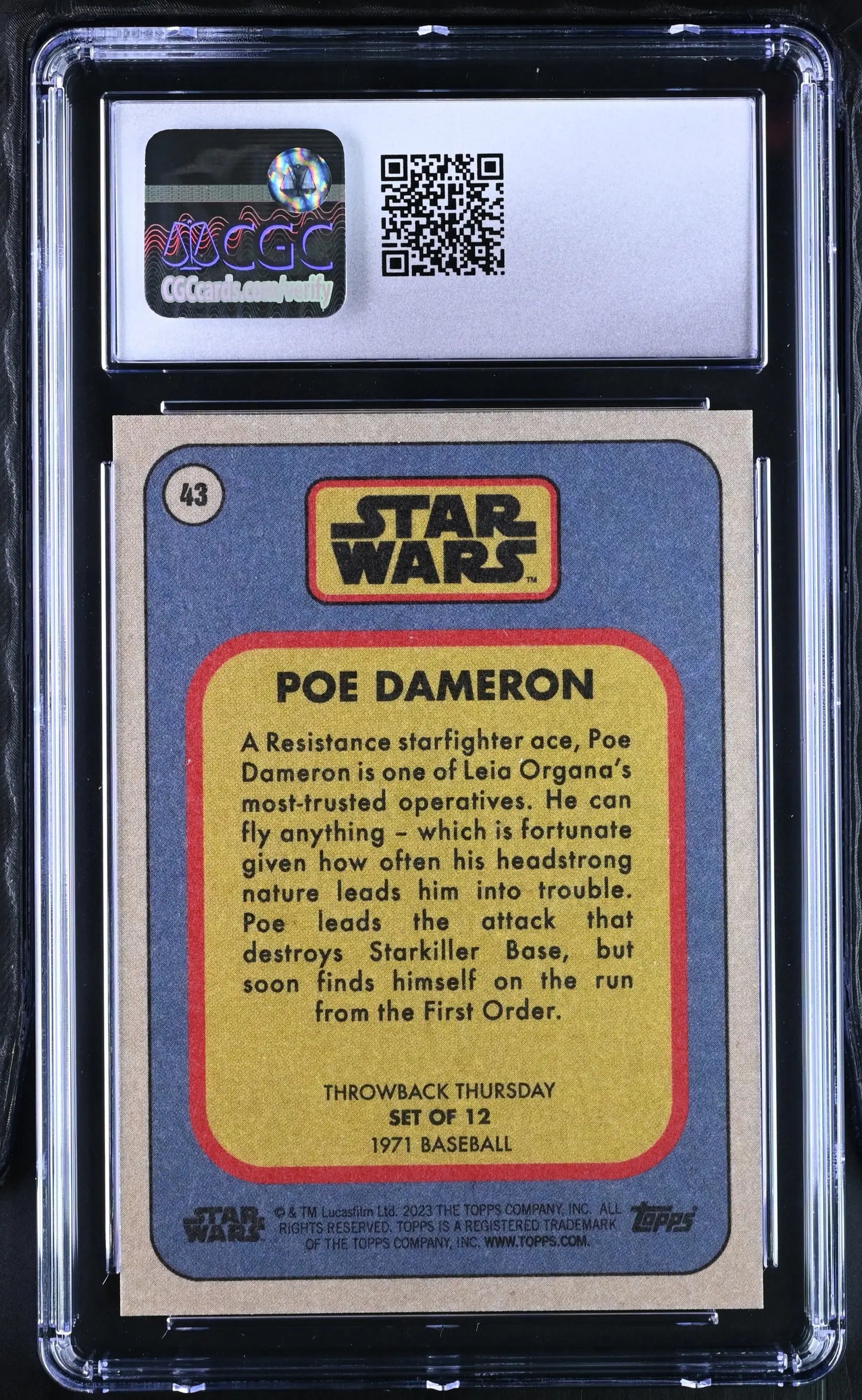 Star Wars trading card of Poe Dameron in protective holder, CGC 8.5 condition