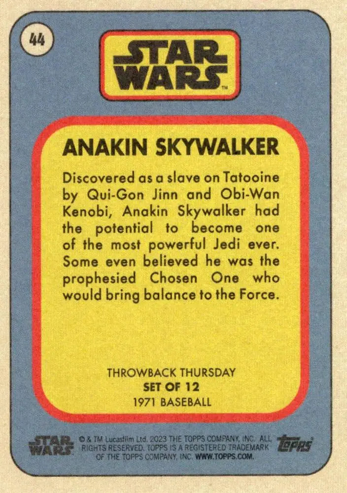 Star Wars trading card featuring Anakin Skywalker from the 1971 baseball card series