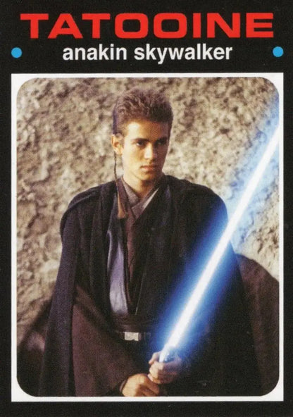 Young Jedi Anakin Skywalker with blue lightsaber on Star Wars trading card