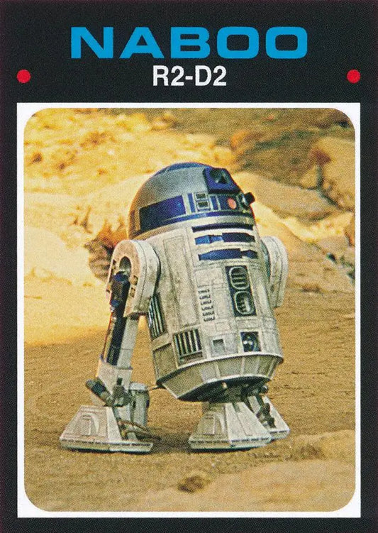 Cylindrical blue and white R2-D2 droid on sandy surface from Star Wars trading cards