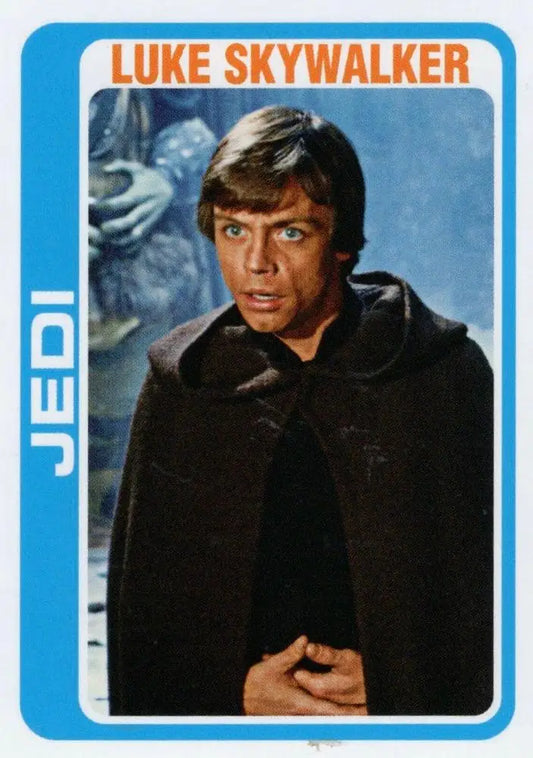 Trading card of Luke Skywalker in dark cloak from Star Wars franchise 1978 baseball cards