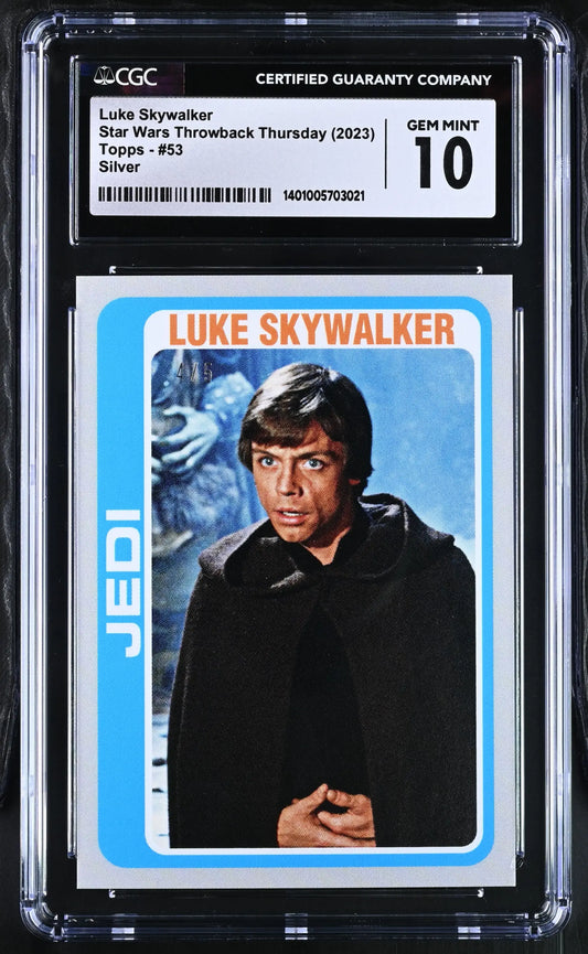 Graded Star Wars trading card of Luke Skywalker in protective case, CGC 10 Gem Mint