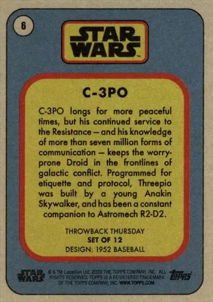 Vintage Star Wars trading card of C-3PO inspired by 1952 baseball cards