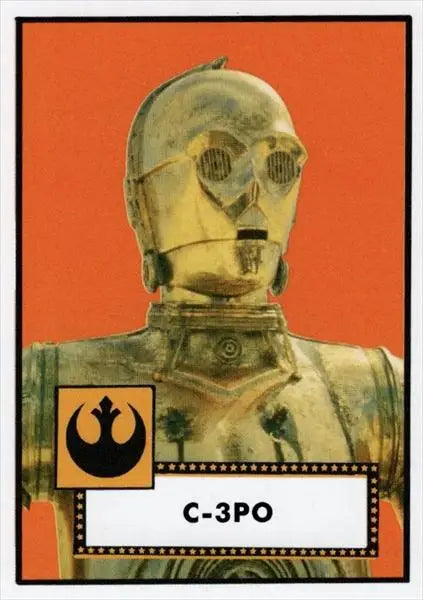 Golden humanoid C-3PO robot with glowing eyes from Star Wars Throwback Thursday trading card