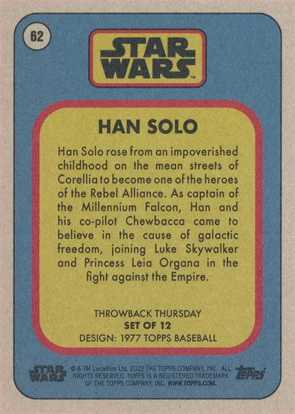 Trading card showcasing Han Solo biography from Star Wars Topps Baseball series