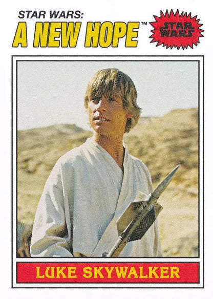 Star Wars trading card of young Luke Skywalker in white clothing in desert setting