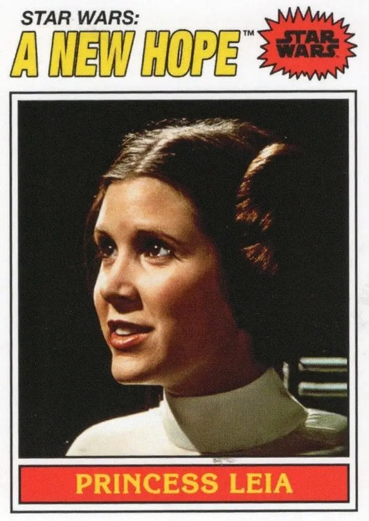 Star Wars trading card of Princess Leia with side buns from 1977 Topps Baseball