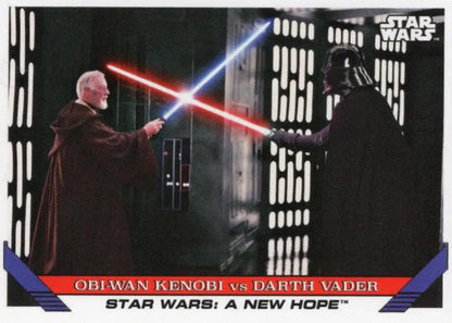 Obi-Wan Kenobi and Darth Vader lightsaber duel on Star Wars trading card #74