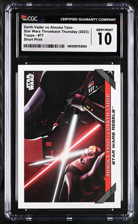 Graded trading card of Star Wars character wielding red lightsaber in protective case