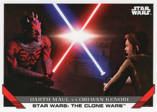 Two Star Wars characters duel with red and blue lightsabers on a trading card