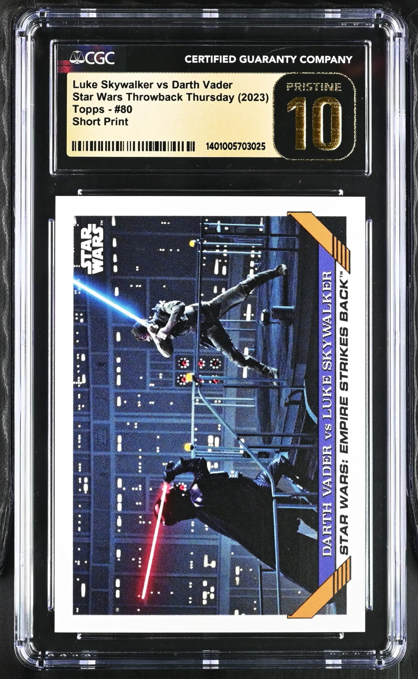 Graded Star Wars trading card of Luke Skywalker vs Darth Vader lightsaber duel CGC 10