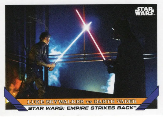 Star Wars trading card featuring a lightsaber duel between Luke Skywalker and Darth Vader