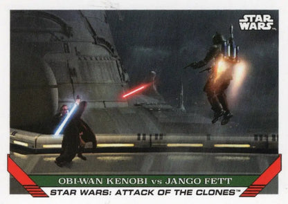 Star Wars trading card featuring Obi-Wan Kenobi vs Jango Fett lightsaber duel