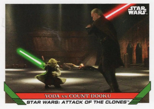 Star Wars Trading Card featuring Yoda vs Count Dooku lightsaber duel from Attack of the Clones