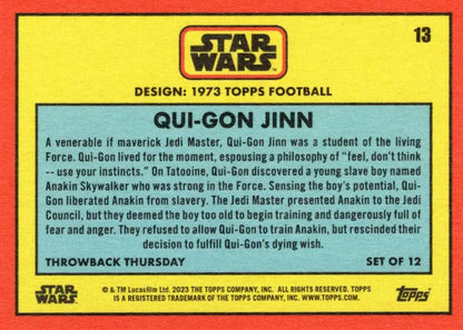 Star Wars trading card featuring Qui-Gon Jinn’s biography from Topps Football 1973