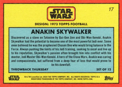 Star Wars trading card of Anakin Skywalker in 1973 Topps Football design