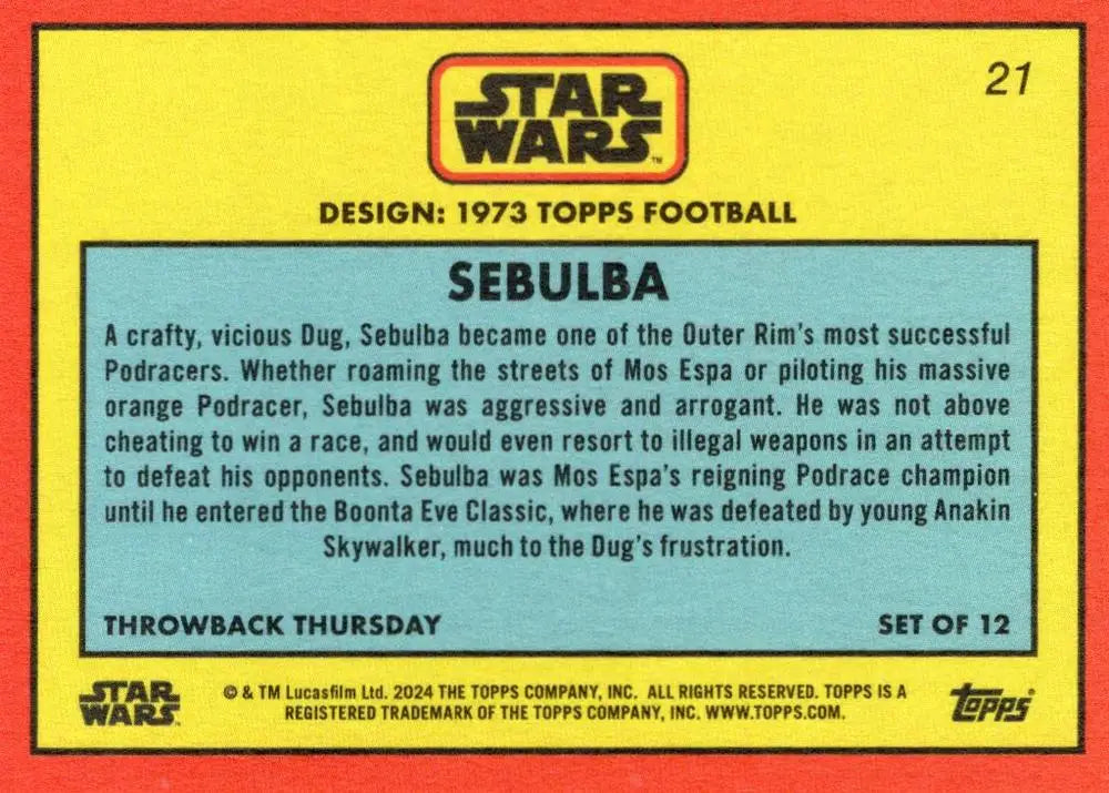 Star Wars trading card featuring Sebulba in 1973 Topps Football design format