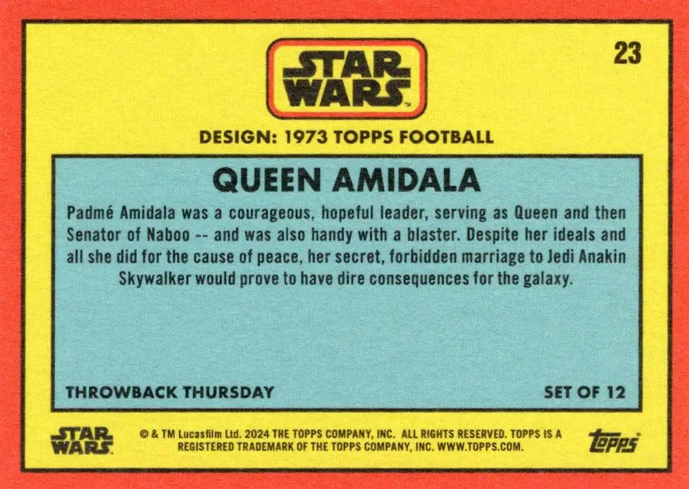 Star Wars trading card of Queen Amidala in retro Topps Football design