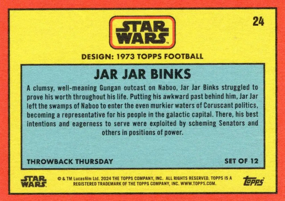 Star Wars trading card of Jar Jar Binks from 1973 Topps Football collection