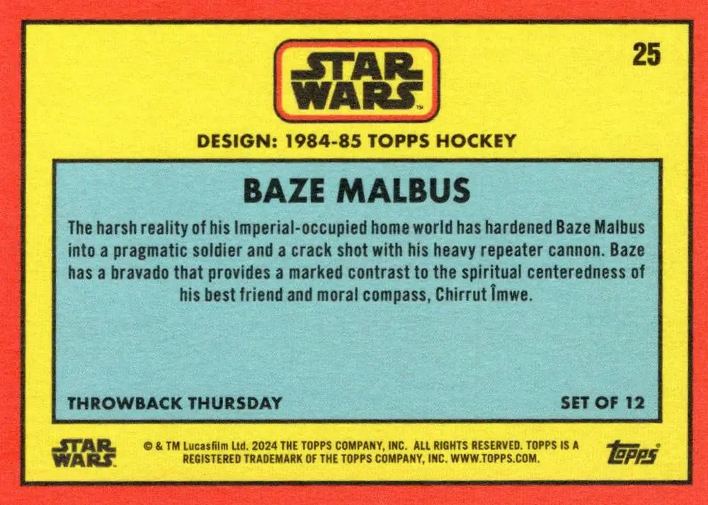 Star Wars trading card featuring Baze Malbus from 1984-85 Topps Hockey series