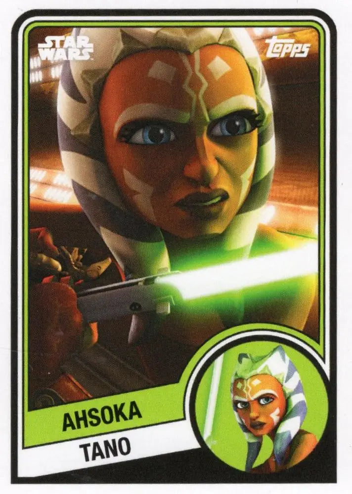 Star Wars trading card of Ahsoka Tano with green lightsaber from Topps Hockey series