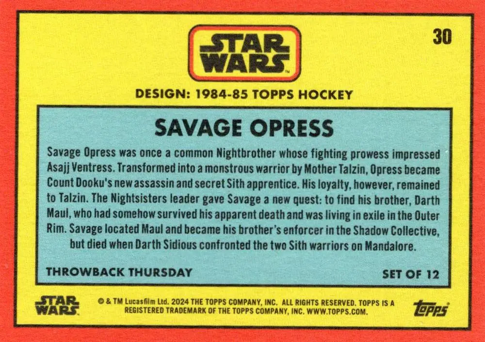 Star Wars trading card showcasing Savage Opress from Topps Hockey 1984-85 collection