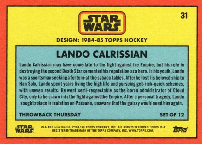 Star Wars trading card showcasing Lando Calrissian from Topps Hockey 1984-85