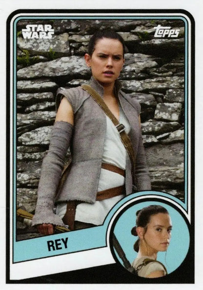 Star Wars trading card featuring Rey in gray and white desert clothing from Topps Hockey