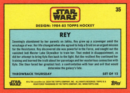 Star Wars trading card showcasing Rey’s character and backstory from Topps Hockey