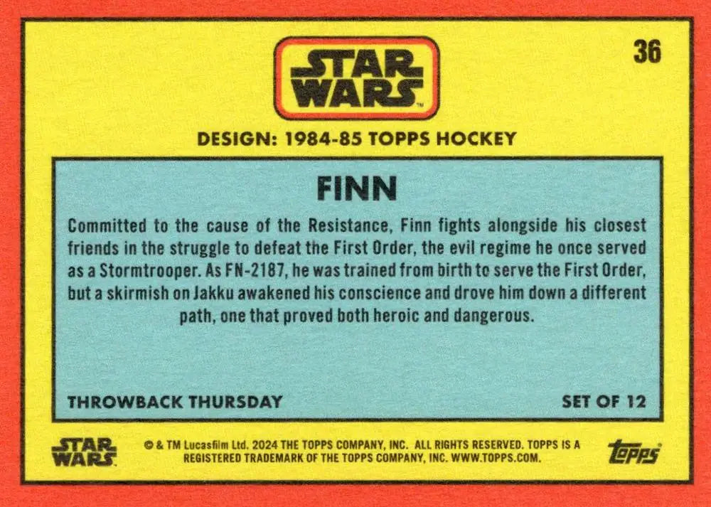 Star Wars trading card featuring Finn, red border and yellow background, Topps Hockey