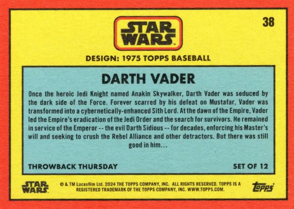 Star Wars trading card of Darth Vader in yellow and blue design from Topps Baseball