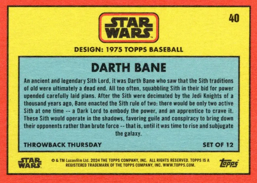 Star Wars Trading Card of Darth Bane from Topps Baseball 1975 with character backstory