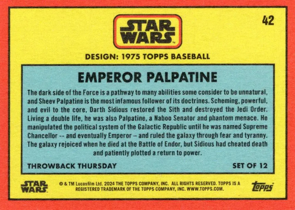 Star Wars trading card of Emperor Palpatine in 1975 Topps baseball design style