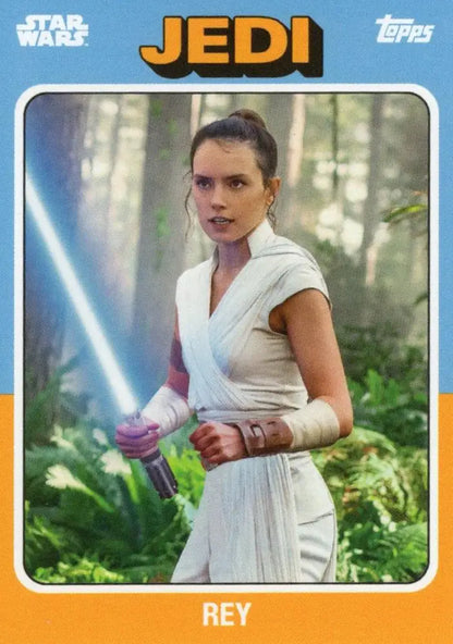 Star Wars trading card of Rey in white robes with blue lightsaber from Topps Baseball