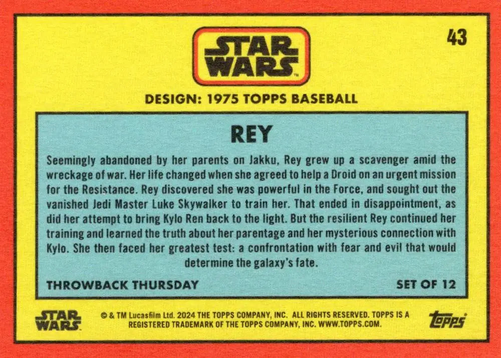 Star Wars trading card featuring Rey’s biography in a 1975 Topps Baseball design