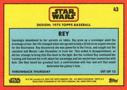 Star Wars trading card featuring Rey’s biography in a 1975 Topps Baseball design