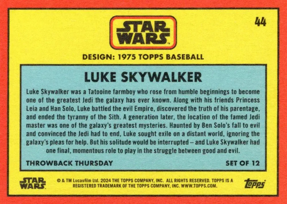 1975 Topps Star Wars trading card of Luke Skywalker in vibrant yellow and blue colors